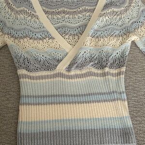 Kimchi Blue  V-Neck Lace Sweater - Cream and Gray